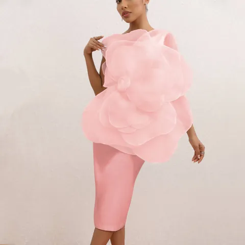 Women Sexy One Shoulder 3D Flower Decoration Satin Midi Dress Elegant Bodycon Party Cocktail Wedding Guest Midi Dress