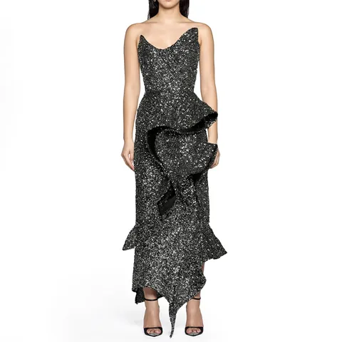 Women Sexy Sequin Tube Top Midi Dress High-End European Style Ruffle Hem Patchwork Party Evening Dress