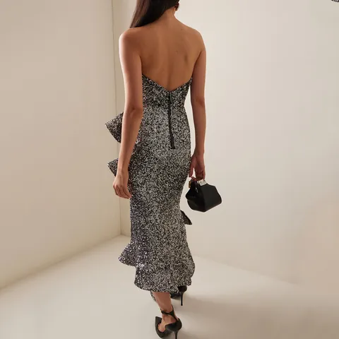 Women Sexy Sequin Tube Top Midi Dress High-End European Style Ruffle Hem Patchwork Party Evening Dress
