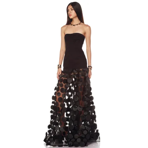 Sexy Negro Sin Tirantes Tubo Maxi Vestido Mujeres 3D Floral Calado Patchwork Línea A Fiesta Vestido de Noche Elegante