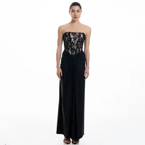 Sexy Women Lace Corset Maxi Dress Elegant Bandeau Fishbone Banquet Party Dress Sleeveless Patchwork Bodycon Long Dress Black