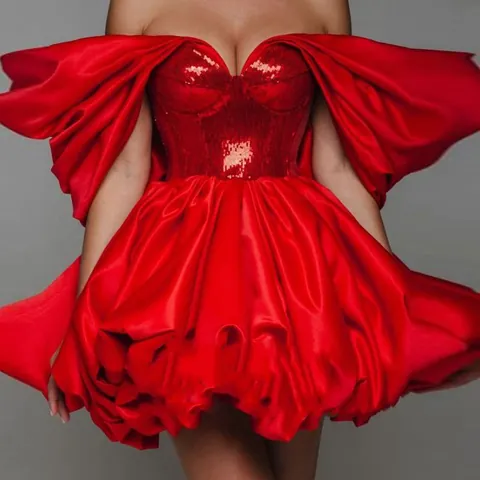 Vestito Donna Sexy Senza Spalline con Paillettes Patchwork Elegante Orlo a Palloncino Rosso Vino Gala Mini Abito
