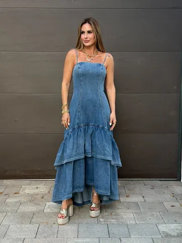 Women Strappy Ruffle Hem Denim Maxi Dress Sleeveless Slim Fit A-Line Casual Denim Long Sun Dress For Spring Summer