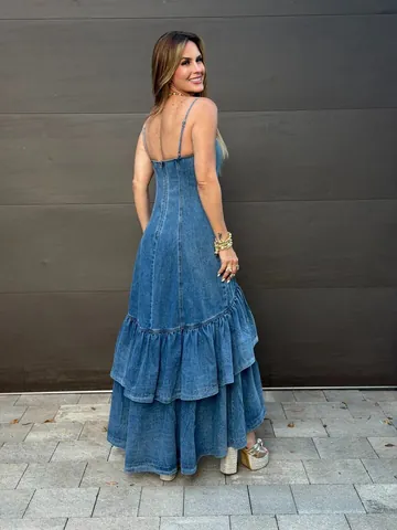Women Strappy Ruffle Hem Denim Maxi Dress Sleeveless Slim Fit A-Line Casual Denim Long Sun Dress For Spring Summer