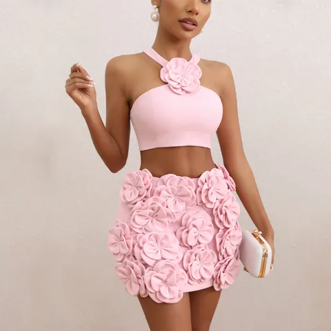 Women Sexy Pink 3D Flower Halter Top And Mini Skirt Set Elegant Sleeveless Bodycon Two Piece Set For Banquet Party