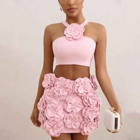 Women Sexy Pink 3D Flower Halter Top And Mini Skirt Set Elegant Sleeveless Bodycon Two Piece Set For Banquet Party