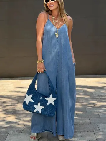 Women's Washed Denim Jumpsuit Sleeveless V-Neck Wide Leg Romper Casual Cotton Jumpsuit For Women Streetwear Daily Outfit