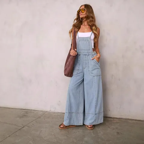 Women Denim Wide Leg Jumpsuit Overalls Streetwear Pockets Casual Solid Sleeveless Long Pants Romper