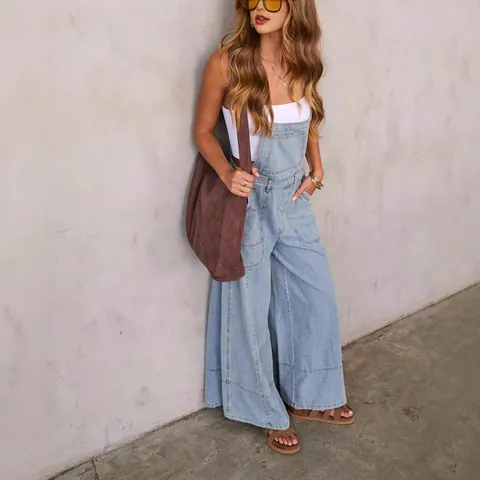 Women Denim Wide Leg Jumpsuit Overalls Streetwear Pockets Casual Solid Sleeveless Long Pants Romper