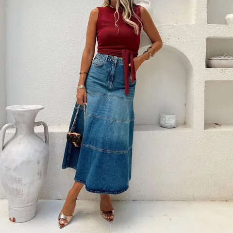 Dames High Waisted A-Lijn Denim Rok Gelaagde Splitsing Street Retro Gewassen Lange Mid-Calf Casual Rok Streetwear Bottoms