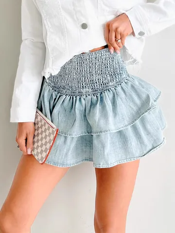 Women Denim Tiered Ruffle Mini Skirt High Waist Smocked Pleated Cake Skirt American Style Sexy Streetwear Bottom