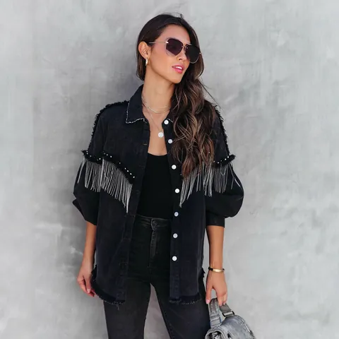 Women's Heavy Industry Denim Jacket Frayed Edge Rivet Metal Chain Tassel Single Breasted Loose Streetwear Outerwear Top