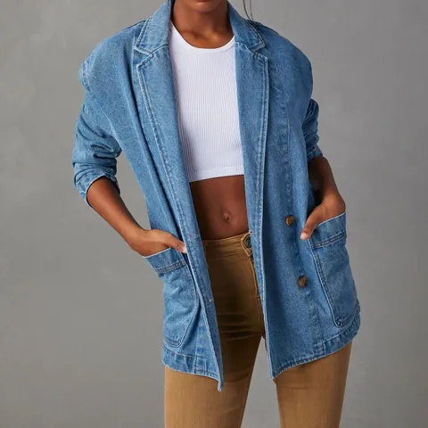 Chaqueta de Traje de Mezclilla Azul Lavado Casual de Moda para Mujer Blazer de Doble Botonadura de Manga Larga Abrigo de Mezclilla