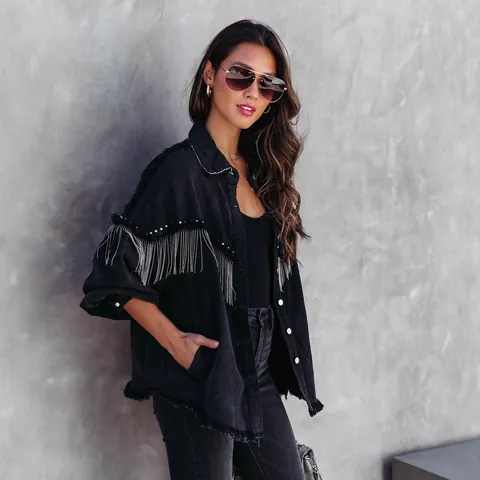 Women's Heavy Industry Denim Jacket Frayed Edge Rivet Metal Chain Tassel Single Breasted Loose Streetwear Outerwear Top