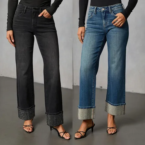 Women Fashion Washed Denim Straight Jeans Casual High Waist Rhinestone Cuffed Hem Cotton Blend Streetwear Trousers Long Pants