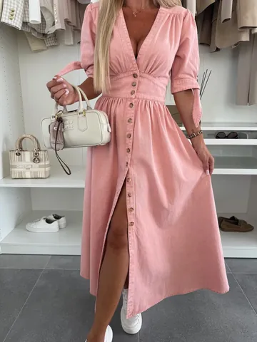 Women V Neck Button Up Denim Dress Street Style Washed Cotton Polyester Midi Dress Distressed With Bow Tie Short Sleeves