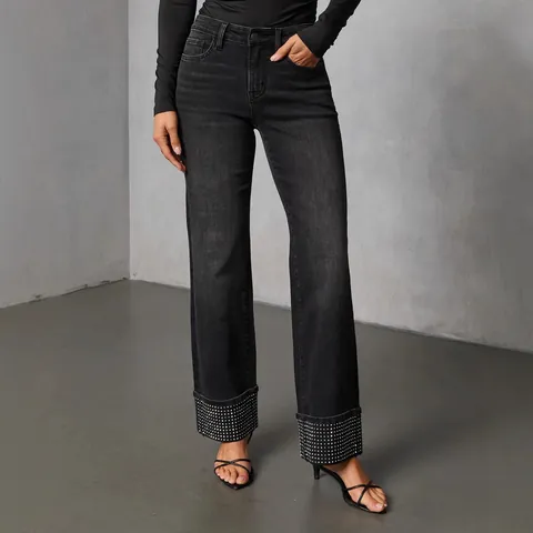 Women Fashion Washed Denim Straight Jeans Casual High Waist Rhinestone Cuffed Hem Cotton Blend Streetwear Trousers Long Pants
