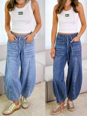 Women's Casual Wide Leg Jeans High Waist Drawstring Denim Pants Streetwear Loose Balloon Trousers Washed Cotton Blend Cargo Pockets