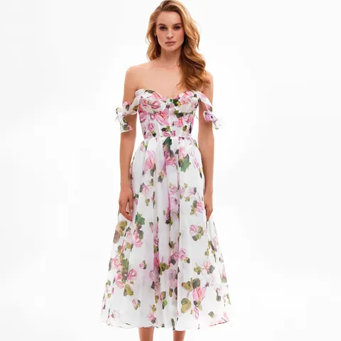 Women's Sexy Floral Print Midi Dress Elegant Tie Shoulder Strap Big Swing A-Line Dress Polyester Rose Pattern Party Sun Dress