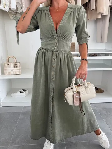 Women V Neck Button Up Denim Dress Street Style Washed Cotton Polyester Midi Dress Distressed With Bow Tie Short Sleeves
