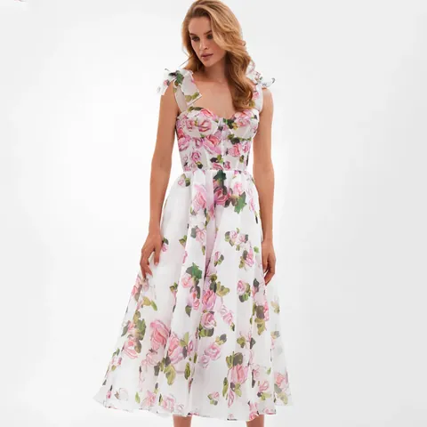 Women's Sexy Floral Print Midi Dress Elegant Tie Shoulder Strap Big Swing A-Line Dress Polyester Rose Pattern Party Sun Dress