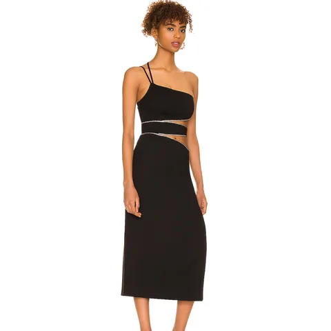 Women Sexy Black Hollow Out Rhinestone Chain Spliced Camisole Dress Slim Fit Side Slit Midi Party Evening Dress