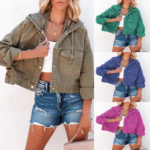 Women's Denim Jacket Hooded Drawstring Loose Fit Casual Streetwear Fall Winter Outerwear Top Denim Fabric Coat