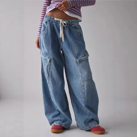 Women Streetwear Loose Denim Cargo Bottoms Wide Leg High Waist Drawstring Jeans With Large Pockets Enzyme Washed Baggy Pants