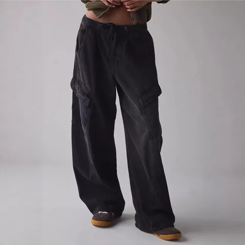 Women Streetwear Loose Denim Cargo Bottoms Wide Leg High Waist Drawstring Jeans With Large Pockets Enzyme Washed Baggy Pants