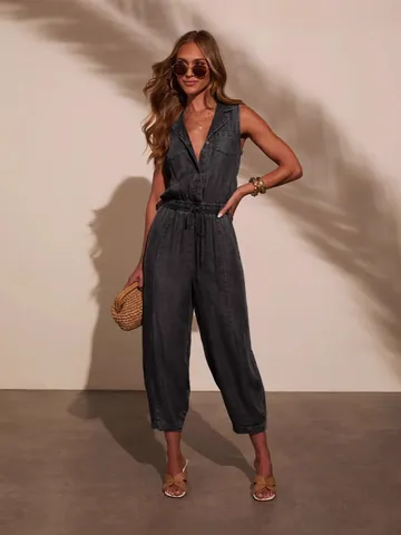 Summer Sleeveless Denim Jumpsuit For Women Casual Washed Thin Cotton Romper With Drawstring Waist V-Neck Pockets Streetwear