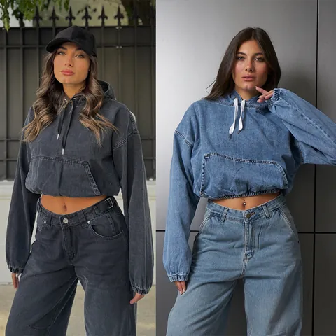 Women Loose Casual Washed Denim Hoodie Long Sleeve Cropped Top With Pockets Vintage Streetwear Fashion Denim Pullover Top