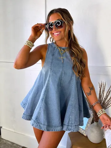 Ensemble Short en Denim Décontracté pour Femme Sans Manches en Mélange de Coton Lavé Top And Bottom Ensemble Assorti Été
