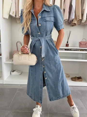 Women's Short Sleeve Denim Midi Dress Lapel Single Breasted Washed Cotton Blend Belted Shirt Dress Streetwear Casual Blue