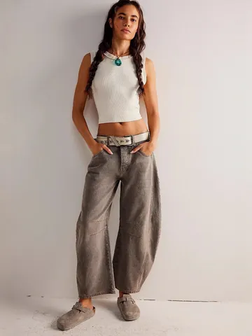 Women's Casual Loose Mid Waist Barrel Leg Jeans Horseshoe Curved Denim Pants Distressed Wide Leg Trousers Streetwear Bottom