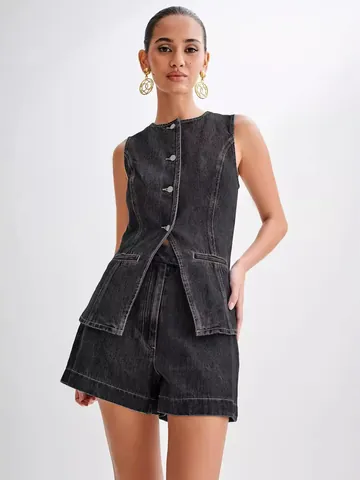 Women's Western Summer Denim Top And Bottom Set Sleeveless High Waist Vest And Denim Shorts Two Piece Fashion Casual Outfit
