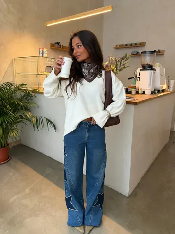 Jean Droit Ample Décontracté pour Femmes Pantalon en Denim Lavé Rétro Avec Patch Étoile et Ornement de Perles