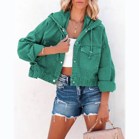Women's Denim Jacket Hooded Drawstring Loose Fit Casual Streetwear Fall Winter Outerwear Top Denim Fabric Coat