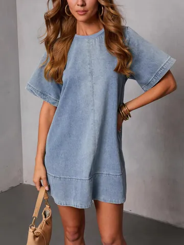 Women's Fashion Casual Denim Short Sleeve Dress Loose Washed Light Blue Cotton Polyester Round Neck Midi Dress Streetwear
