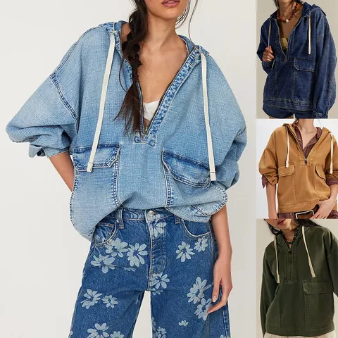 Women's Casual Washed Denim Hooded Top Oversized Anorak Streetwear Long Sleeve Denim Pullover Jacket with Pockets