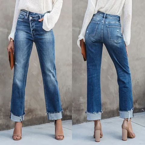 Jeans da Donna a Gamba Dritta Distressed Vita Incrociata in Misto Cotone Poliestere Denim Lavato Pantaloni Urban Casual da Giorno