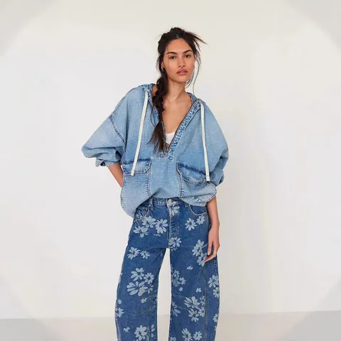 Women's Casual Washed Denim Hooded Top Oversized Anorak Streetwear Long Sleeve Denim Pullover Jacket with Pockets