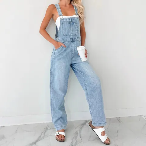 Women's Fashion Denim Overalls With Adjustable Straps Loose Straight Leg Workwear Style Cotton Polyester Washed Jean Jumpsuit