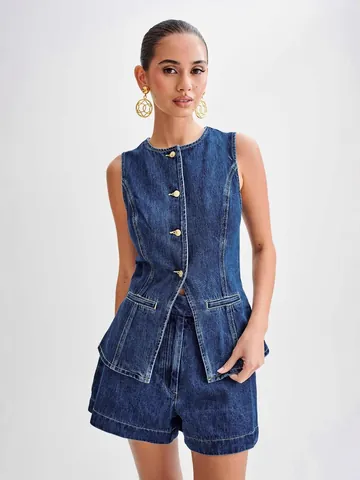 Women's Western Summer Denim Top And Bottom Set Sleeveless High Waist Vest And Denim Shorts Two Piece Fashion Casual Outfit