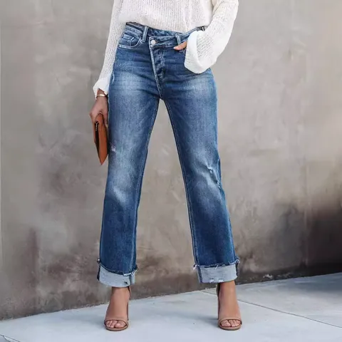 Jeans da Donna a Gamba Dritta Distressed Vita Incrociata in Misto Cotone Poliestere Denim Lavato Pantaloni Urban Casual da Giorno