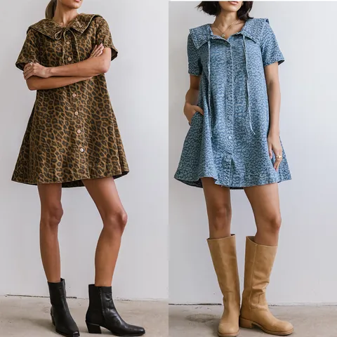 Vestido Vaquero de Mujer Estampado de Leopardo Moda Vintage Manga Corta Monobotonadura Solapa Lazo Mini Vestido Denim