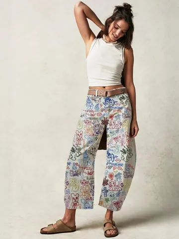 Jeans Décontractés Larges Taille Moyenne Barrel Leg pour Femmes Denim Coton Imprimé Lavé Pantalons Femmes Bottom Streetwear