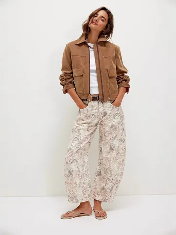 Pantalon en Denim Streetwear Imprimé Taille Moyenne Ample Décontracté pour Femmes