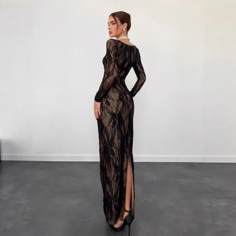 Elegant Women Square Neck Lace Patchwork Maxi Dress Long Sleeve Slim Fit Bodycon Evening Dress With Back Slit Party Long Dress