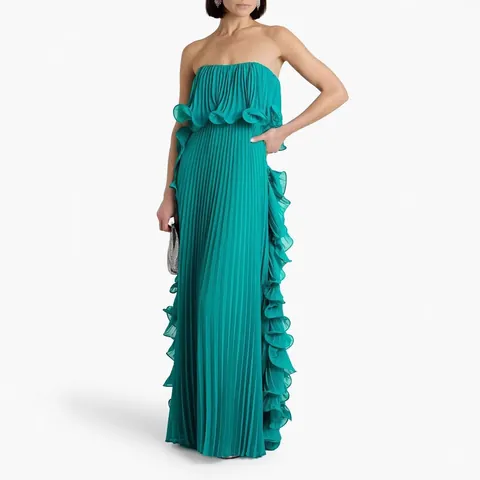 Women Pleated Tube Top Maxi Dress Sexy Ruffles Elegant Summer Solid Color Gathered Large Swing Banquet Vacation Dress