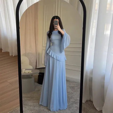 Elegant Chiffon Round Neck Slim Fit Long Sleeve Maxi Dress Ruffle Flare Sleeve Backless Sexy Banquet Party Women Dress